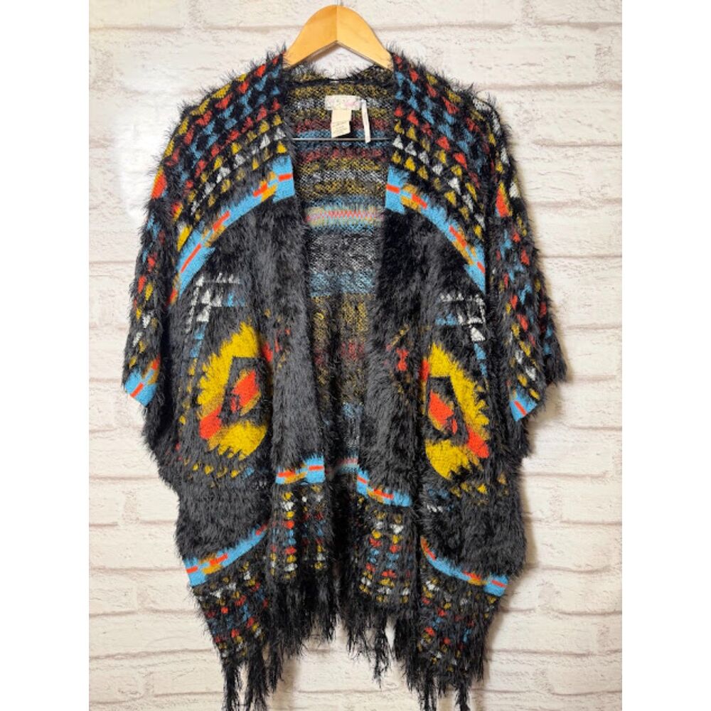 Free People Southwestern Sweater Wrap OSFM Black Colorful Fuzzy Textured aztec